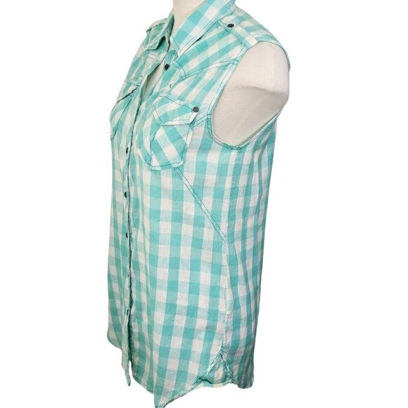 Vintage Womens Med Cotton Button Down Gingham Sleeveless Top Pockets Epaulettes - Picture 3 of 7
